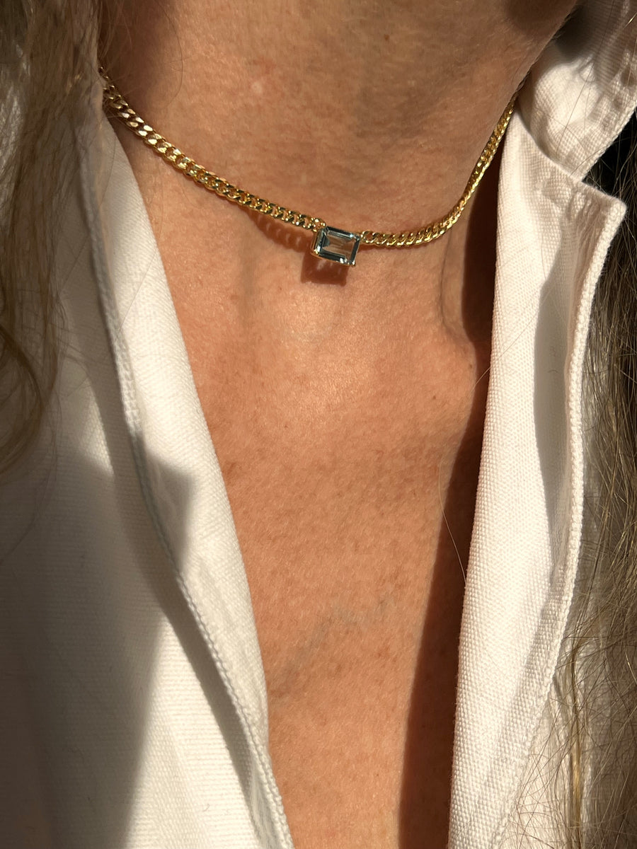 Aquamarine Emerald-Cut Cuban Link Chain Necklace