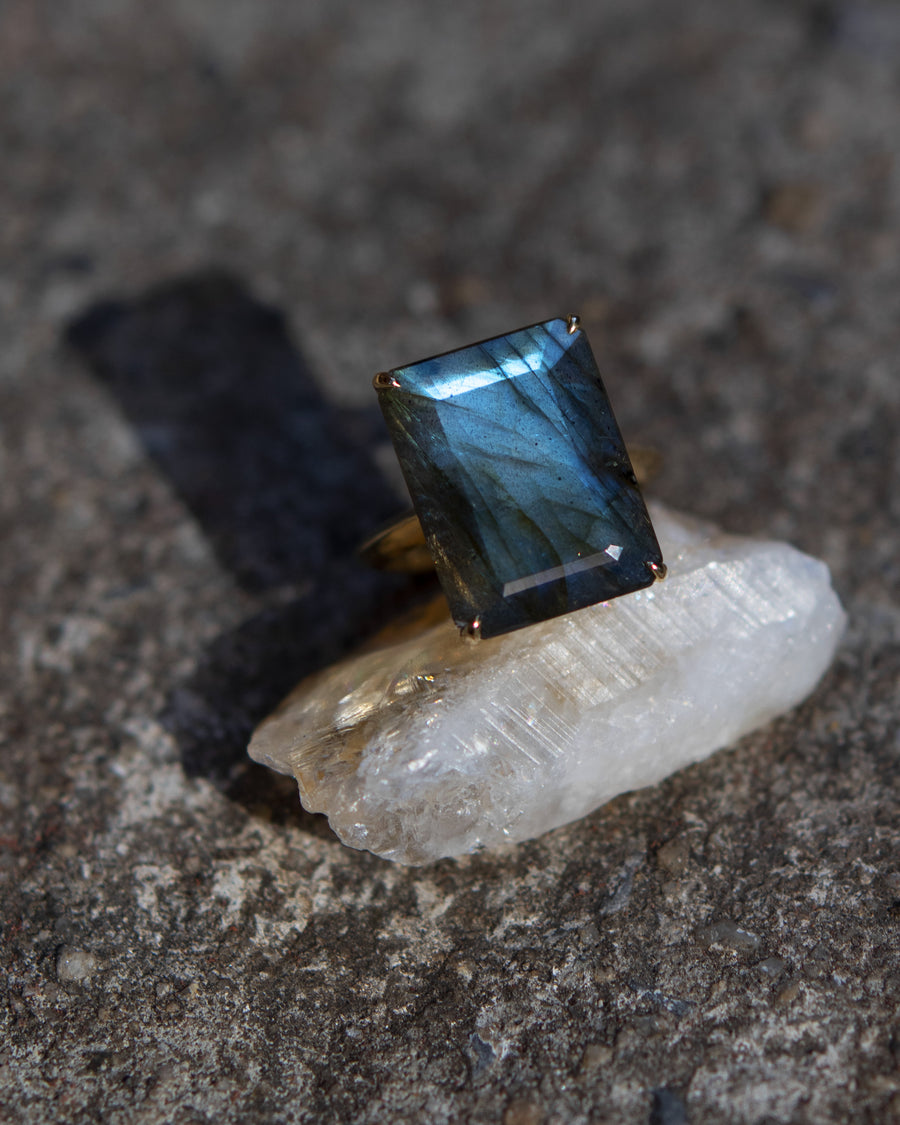 Emerald Cut Labradorite Amulet Ring
