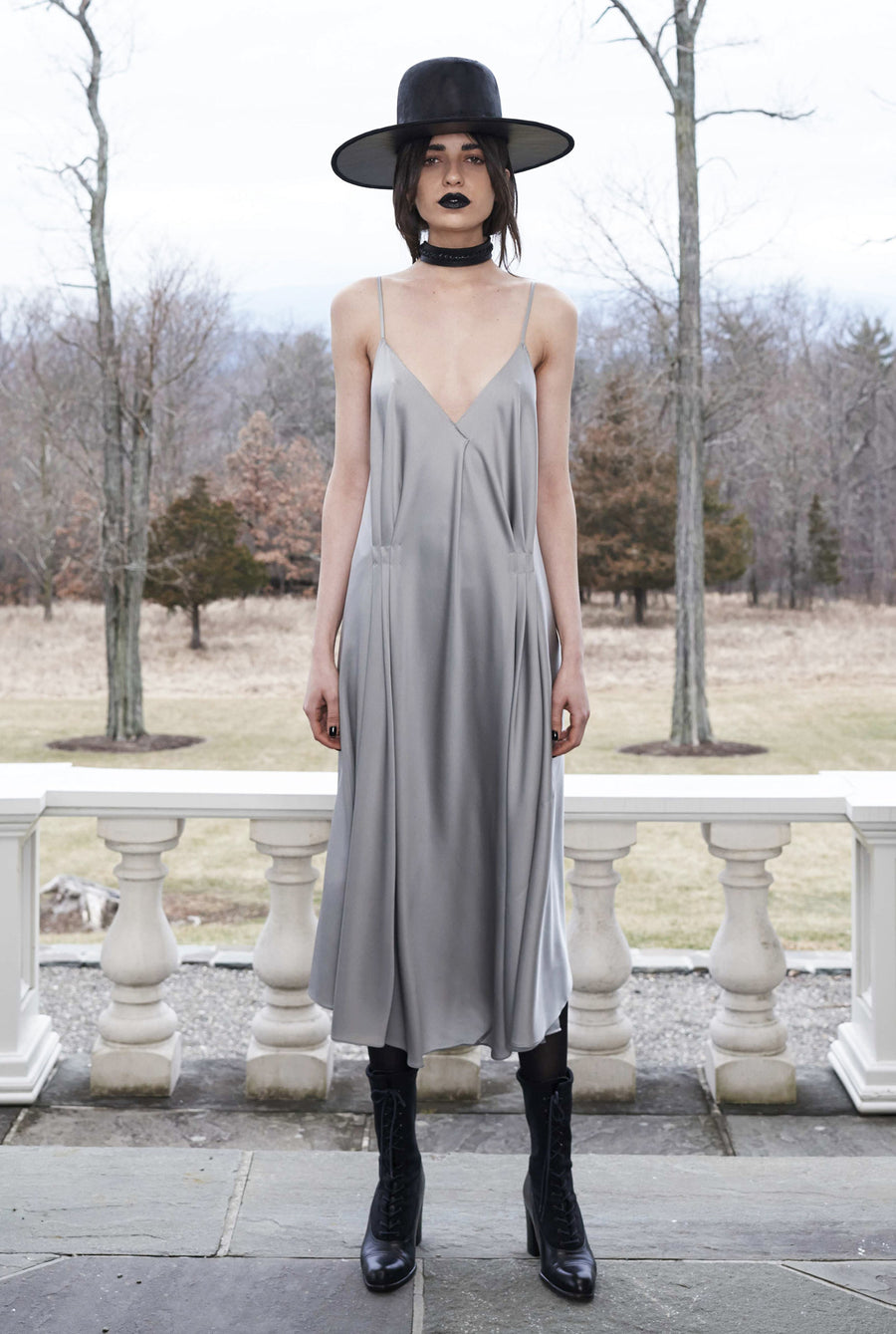 Vanessa M. IMG Model Wendy Nichol Clothing Designer Made to Order Custom Tailoring Made to Measure Handmade in NYC New York City Fashion Runway Show AW16 13 Incarnations Silver Gray Lavender Purple Silk Charmeuse Deep V Slip Dress Short plunge Neck Open low Back 