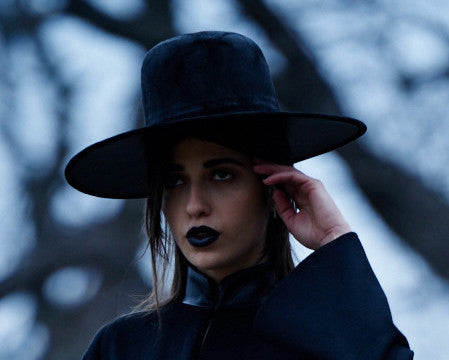 Leather & Suede Wide Brim Hat AW16 Wendy Nichol Designer Handmade in NYC New York City Tall El Topo Wide Brim Witch Hat Beyonce Formation Gothic Goth Victorian Black Suede Leather Hat Vanessa M IMG Model