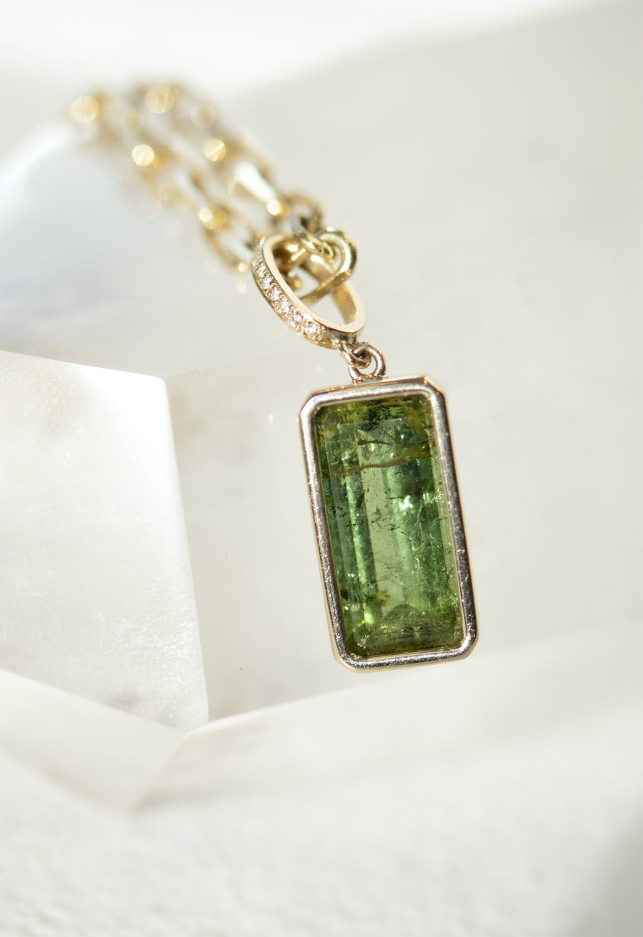 Emerald Cut Tourmaline Pendant Necklace with Micro Pave Link